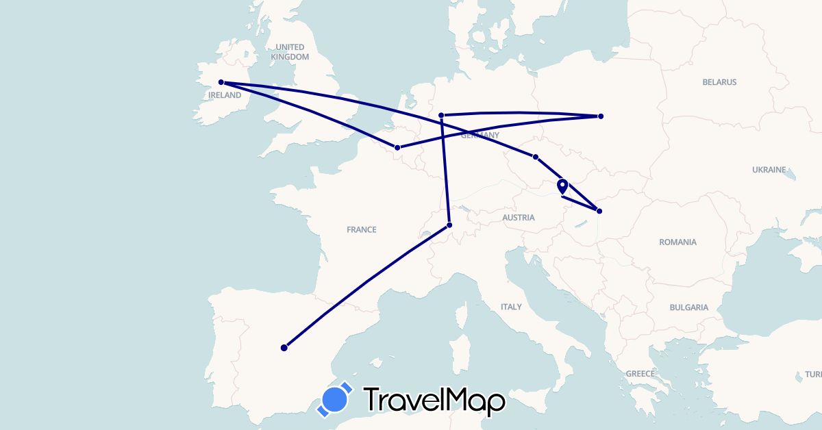TravelMap itinerary: driving in Austria, Belgium, Switzerland, Czech Republic, Germany, Spain, Hungary, Ireland, Poland (Europe)